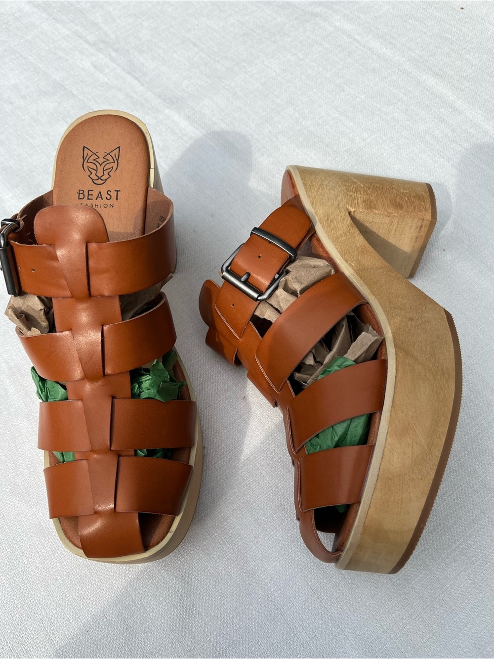 BEAST Fashion Brown Leather Clog Sandals Real Wood Platform Size 8